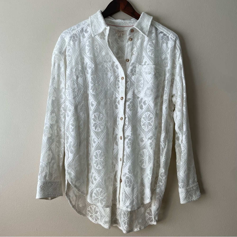 PILCRO ANTHROPOLOGIE White Lace Women's XS Button Up Sheer Boho Chic
